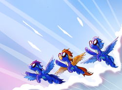 Size: 1140x840 | Tagged: safe, artist:celedash, fleetfoot, soarin', spitfire, pegasus, pony, fanfic:head in the clouds, fanfic:piercing the heavens, g4, clothes, fanfic art, female, flying, goggles, light, male, mare, remake, sky, spread wings, stallion, uniform, wings, wonderbolts, wonderbolts uniform