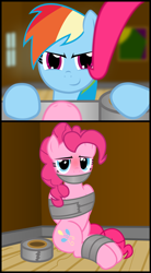 Size: 1210x2187 | Tagged: safe, artist:cardshark777, pinkie pie, rainbow dash, earth pony, pegasus, g4, 2 panel comic, blurry background, blushing, bondage, bound and gagged, captive, comic, corner, digital art, duct tape, duo, evil smile, female, femsub, first pony view, gag, grin, helpless, holding, hoof hold, hooves behind back, human shoulders, looking at you, mare, offscreen character, pov, sitting, smiling, submissive, tape, tape bondage, tape gag, tied up, window
