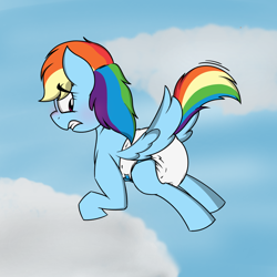 Size: 1920x1920 | Tagged: safe, artist:soulless76, rainbow dash, pegasus, pony, g4, adult diaper, blushing, butt, butt focus, cloud, cute, diaper, diaper butt, diaper fetish, diapered, embarrassed, female, fetish, flying, mare, non-baby in diaper, plot, rear, rear view, sky, solo
