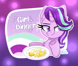 Size: 1601x1356 | Tagged: safe, artist:lbrcloud, starlight glimmer, pony, unicorn, g4, celery, chest fluff, dinner, ear fluff, eye clipping through hair, eyebrows, eyebrows visible through hair, female, food, grin, horn, mare, plate, smiling, smug, solo, text, underhoof