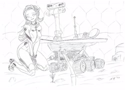 Size: 3519x2550 | Tagged: safe, artist:naughty_ranko, starlight glimmer, human, g4, humanized, mars exploration rover, mars rover, monochrome, opportunity, spacesuit, traditional art