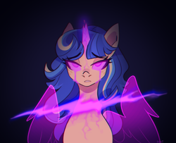 Size: 2567x2086 | Tagged: safe, artist:darlyjay, oc, oc:sterling sentry, pony, unicorn, artificial wings, augmented, broken horn, female, horn, magic, magic wings, mare, offspring, parent:flash sentry, parent:twilight sparkle, parents:flashlight, solo, wings