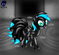 Size: 5280x4985 | Tagged: safe, alternate version, artist:damlanil, oc, oc:nightlight aura, kitsune, kitsune pony, latex pony, original species, pegasus, pony, commission, fangs, female, happy, latex, mare, onomatopoeia, open mouth, open smile, paws, rubber, shiny, show accurate, slit pupils, smiling, solo, species swap, squeak, vector, walking, wings