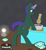 Size: 1280x1400 | Tagged: safe, artist:xada, oc, oc only, oc:harmonious percussion, pony, unicorn, bipedal, bipedal leaning, cake, chocolate, cooking, cooking pot, food, green eyes, horn, lamp, leaning, magic, purple mane, purple tail, rimworld, solo, spoon, stone wall, table, tail, telekinesis, unicorn oc, wooden floor