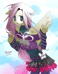 Size: 1241x1600 | Tagged: source needed, safe, artist:torugann, fluttershy, butterfly, human, equestria girls, equestria girls specials, g4, my little pony equestria girls: dance magic, beads of sweat, belt, belt buckle, butterfly belt buckle, clothes, cloud, denim, dress, evening gloves, fingerless elbow gloves, fingerless gloves, floppy ears, gloves, humanized, jeans, long gloves, manicure, pants, skirt, sky, solo, spread wings, sweat, text, wingding eyes, wings