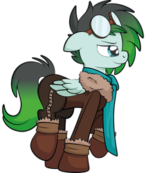 Size: 1280x1449 | Tagged: safe, artist:alexdti, oc, oc:gryph xander, pegasus, pony, bomber jacket, clothes, goggles, jacket, male, pants, scarf, simple background, solo, stallion, transparent background