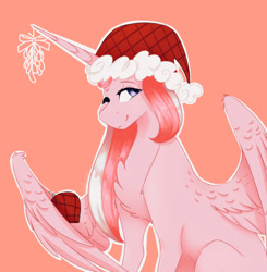 Size: 1280x1307 | Tagged: safe, artist:pixelberrry, oc, oc only, oc:crystal melody, alicorn, pony, alicorn oc, christmas, christmas ornament, decoration, female, hat, holiday, horn, mare, mistletoe, orange background, santa hat, simple background, solo, wings