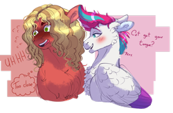 Size: 1920x1250 | Tagged: safe, artist:malinraf1615, sprout cloverleaf, zipp storm, earth pony, pegasus, pony, g5, alternate hairstyle, blushing, chest fluff, colored wings, dialogue, female, male, mare, shipping, stallion, straight, teasing, thought bubble, two toned wings, wings, zippsprout