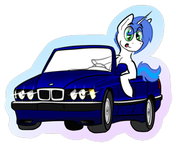 Size: 2095x1807 | Tagged: safe, artist:bumskuchen, oc, oc:shifting gear, pony, unicorn, bmw, bmw 7-series, car, chibi, horn, simple background, solo, sticker, transparent background, vehicle