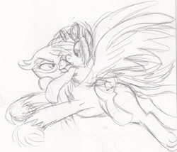 Size: 2288x1960 | Tagged: safe, artist:enigmaticfrustration, dj pon-3, gilda, vinyl scratch, griffon, unicorn, g4, flying, glasses, horn, monochrome, sketch