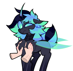 Size: 1490x1448 | Tagged: safe, artist:minty--fresh, oc, oc:minty fresh, changeling, human, pony, changeling oc, chest fluff, confused, disembodied hand, grope, hand, multicolored hair, simple background, transparent background