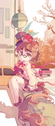 Size: 1799x4096 | Tagged: safe, artist:saxopi, writing desk, earth pony, semi-anthro, g4, arm hooves, butt, car, city, clothes, cravat, eyebrows, female, glasses, hat, high res, long tail, looking at you, mare, panties, panty shot, plot, skirt, solo, tail, top hat