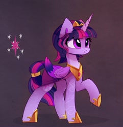 Size: 1677x1740 | Tagged: safe, alternate version, artist:magnaluna, twilight sparkle, alicorn, pony, g4, alternate hairstyle, crown, female, folded wings, hoof shoes, horn, jewelry, mare, peytral, princess shoes, raised hoof, regalia, smiling, solo, twilight sparkle (alicorn), wings