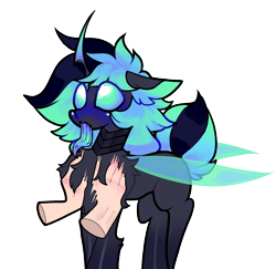 Size: 1490x1448 | Tagged: safe, artist:minty--fresh, oc, oc:minty fresh, changeling, human, pony, blue blush, blushing, changeling oc, chest fluff, crossed legs, disembodied hand, grope, hand, hypnosis, hypnotized, multicolored hair, simple background, tongue out, transparent background
