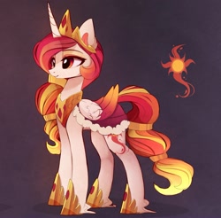 Size: 1963x1929 | Tagged: safe, alternate version, artist:magnaluna, princess celestia, alicorn, pony, zefiros codex, g4, alternate cutie mark, alternate hairstyle, alternate universe, cloak, clothes, crown, female, folded wings, hoof shoes, horn, jewelry, mare, peytral, princess shoes, regalia, smiling, solo, wings