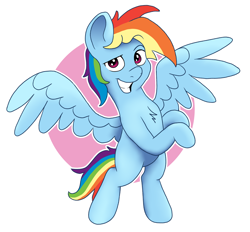 Size: 2628x2444 | Tagged: safe, artist:doodledonutart, rainbow dash, pegasus, pony, g4, bipedal, chest fluff, circle background, female, high res, looking at you, mare, simple background, smiling, smiling at you, solo, spread wings, white background, wings