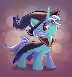 Size: 3849x4148 | Tagged: safe, artist:chaosangeldesu, lyra heartstrings, pony, unicorn, g4, abstract background, cape, clothes, cute, eye clipping through hair, eyebrows, eyebrows visible through hair, female, halloween, hat, high res, holiday, horn, looking at you, lyrabetes, mare, signature, smiling, smiling at you, solo, witch hat