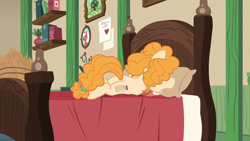 Size: 1280x720 | Tagged: safe, screencap, pear butter, earth pony, pony, g4, the perfect pear, bed, bedroom, butt, hay, pillow, plot, solo