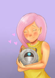 Size: 708x1000 | Tagged: safe, artist:otakubox25, fluttershy, human, g4, crossover, gradient background, humanized, personality core, portal (valve), portal 2, wheatley