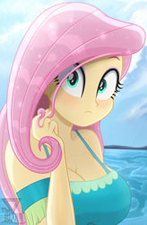 Size: 1970x3000 | Tagged: safe, artist:theretroart88, fluttershy, human, equestria girls, equestria girls series, g4, adorasexy, breasts, busty fluttershy, cleavage, cute, female, fluttershy boho dress, hair twirl, looking at you, ocean, sexy, solo, stupid sexy fluttershy, water, watermark