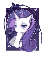 Size: 3000x4000 | Tagged: safe, artist:水上麋鹿, rarity, pony, unicorn, g4, abstract background, bust, cage, eye scar, facial scar, female, hoof on chin, horn, mare, purple mane, scar, solo, white coat