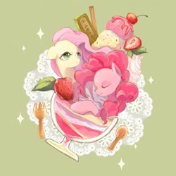 Size: 2048x2048 | Tagged: safe, artist:水上麋鹿, fluttershy, pinkie pie, earth pony, pegasus, pony, g4, abstract background, duo, eyes closed, female, food, ice cream, mare, pink coat, pink mane, ponies in food, smiling, sparkles, strawberry, yellow coat