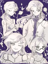 Size: 3000x4000 | Tagged: safe, artist:水上麋鹿, rarity, human, pony, g4, eyes closed, glasses, humanized, one eye closed, purple background, simple background, sketch, sketch dump, smiling, wink