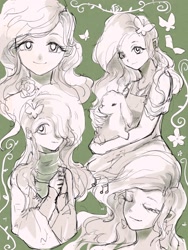 Size: 3000x4000 | Tagged: safe, artist:水上麋鹿, angel bunny, fluttershy, human, rabbit, anthro, g4, animal, duo, eyes closed, green background, humanized, looking at you, simple background, sketch, sketch dump, smiling