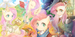 Size: 4000x2000 | Tagged: safe, artist:水上麋鹿, angel bunny, fluttershy, pegasus, pony, rabbit, g4, animal, basket, blue scarf, clothes, cloud, cloudy, detailed background, digital painting, eyelashes, eyes closed, flower, green eyes, hat, kite, looking at you, mushroom, outdoors, party hat, picnic, picnic basket, picnic blanket, scarf, sky, smiling, snow, snowman, solo, window, wings, winter