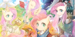 Size: 4000x2000 | Tagged: safe, artist:水上麋鹿, angel bunny, fluttershy, pegasus, pony, rabbit, g4, animal, basket, blue scarf, clothes, cloud, cloudy, detailed background, digital painting, eyelashes, eyes closed, flower, green eyes, hat, kite, looking at you, mushroom, outdoors, party hat, picnic, picnic basket, picnic blanket, scarf, sky, smiling, snow, snowman, solo, window, wings, winter