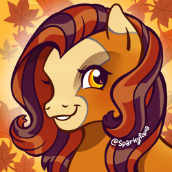 Size: 1200x1200 | Tagged: safe, artist:sparkytopia, oc, oc only, oc:october moon, pegasus, pony, g3, blaze (coat marking), bust, coat markings, facial markings, leaves, looking at you, moon eyes, nonbinary, orange coat, portrait, signature, smiling, solo, wingding eyes, yellow eyes