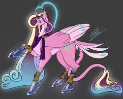 Size: 1200x963 | Tagged: safe, artist:arcticsaiyan, princess cadance, alicorn, pony, g4, alternate design, clothes, coat markings, crystal, curly mane, glowing, glowing eyes, glowing mane, halo, heart, leonine tail, multicolored mane, peacock feathers, redesign, scarf, simple background, socks (coat markings), solo, tail, tail feathers