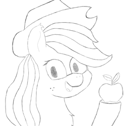 Size: 874x874 | Tagged: safe, artist:theonlyone, applejack, earth pony, pony, g4, accessory, apple, chest fluff, ear fluff, food, hat, looking at you, raised hoof, simple background, sketch, solo