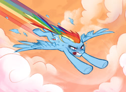Size: 1024x751 | Tagged: safe, artist:t0byinthesky, rainbow dash, pegasus, pony, g4, bloodshot eyes, cloud, fast, feather, female, flying, gritted teeth, mare, mlp infection, shrunken pupils, sky, solo, sonic rainboom, speed trail, teary eyes, teeth