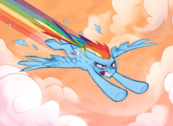 Size: 1024x751 | Tagged: safe, artist:t0byinthesky, rainbow dash, pegasus, pony, g4, bloodshot eyes, cloud, fast, feather, female, flying, gritted teeth, infection au, mare, shrunken pupils, sky, solo, sonic rainboom, speed trail, teary eyes, teeth