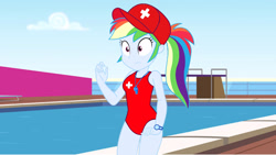 Size: 1920x1080 | Tagged: safe, artist:mlpfan3991, rainbow dash, human, equestria girls, equestria girls series, g4, spring breakdown, spoiler:eqg series (season 2), cap, clothes, diving board, female, hat, lifeguard, lifeguard dash, one-piece swimsuit, ponytail, rainbow dashs coaching whistle, red swimsuit, solo, speedo, swimming pool, swimsuit, whistle, whistle necklace