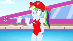 Size: 1920x1080 | Tagged: safe, artist:mlpfan3991, rainbow dash, human, equestria girls, equestria girls specials, g4, my little pony equestria girls: better together, my little pony equestria girls: spring breakdown, cap, chair, clothes, female, hat, life preserver, lifeguard, lifeguard dash, one-piece swimsuit, ponytail, rainbow dashs coaching whistle, red swimsuit, solo, speedo, swimming pool, swimsuit, whistle, whistle necklace