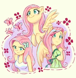 Size: 977x1004 | Tagged: safe, artist:cally_fox, fluttershy, butterfly, human, pegasus, pony, equestria girls, g4, blushing, breasts, busty fluttershy, clothes, cute, eye clipping through hair, eyebrows, eyebrows visible through hair, female, mare, off shoulder, ponied up, shyabetes, simple background, smiling, solo, spread wings, triality, wings, yellow background