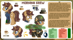 Size: 1500x819 | Tagged: safe, artist:jennieoo, oc, oc:morning brew, pony, unicorn, fallout equestria, angry, armor, bio, butt, clothes, crying, cutie mark, dislikes, eye, eyes, gun, happy, horn, jumpsuit, likes, looking at you, looking back, magic, magic aura, pipbuck, plot, reference sheet, show accurate, smiling, smiling at you, solo, telekinesis, vault suit, vector, weapon