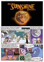 Size: 1273x1800 | Tagged: safe, artist:pixelkitties, applejack, cheerilee, doctor whooves, fluttershy, princess luna, time turner, twilight sparkle, alicorn, earth pony, pegasus, pony, unicorn, comic:my little sunshine, g4, apple, clothes, comic, earmuffs, female, food, horn, male, mare, moon, nuclear weapon, s1 luna, scarf, snow, stallion, weapon