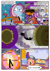 Size: 1273x1800 | Tagged: safe, artist:pixelkitties, princess celestia, star swirl, earth pony, pony, comic:my little sunshine, g4, alarm clock, brush, clock, clothes, comic, female, hot air balloon, implied princess celestia, leaping, mare, moon, nuclear weapon, offscreen horrors, pinklestia, solo, tower, uniform, weapon