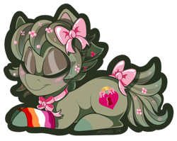 Size: 600x478 | Tagged: safe, artist:mychelle, oc, oc only, oc:kissy statue, earth pony, pony, bow, clothes, female, leg warmers, lying down, mare, pride, pride flag, prone, simple background, solo, tail, tail bow, transparent background