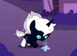 Size: 2942x2123 | Tagged: safe, artist:dixieadopts, oc, oc:orion, alicorn, bat pony, bat pony alicorn, pony, baby, baby pony, bat wings, flower, horn, offspring, parent:lord tirek, parent:princess luna, show accurate, solo, wings