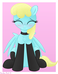 Size: 2948x3750 | Tagged: safe, artist:rainbowšpekgs, sassaflash, pegasus, pony, g4, :3, ^^, background pony, blushing, chest fluff, clothes, collar, eyes closed, gradient background, sitting, smiling, socks, solo, spread wings, thigh highs, wings