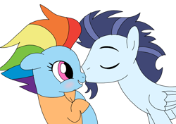 Size: 1022x720 | Tagged: safe, artist:dasher666, rainbow dash, soarin', pegasus, pony, g4, the last problem, blushing, female, kissing, male, mare, nose kiss, older, older rainbow dash, older soarin', older soarindash, ship:soarindash, shipping, simple background, stallion, straight, white background