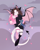 Size: 3200x4000 | Tagged: safe, artist:miurimau, oc, oc only, demon, demon pony, pony, bouquet of flowers, clothes, devil tail, eyes closed, fishnet stockings, flower, flying, smiling, solo, spread wings, stockings, tail, thigh highs, wings