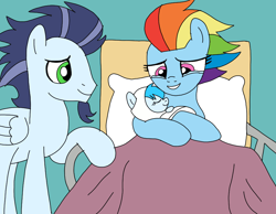 Size: 930x720 | Tagged: safe, artist:dasher666, rainbow dash, soarin', oc, oc:river, pegasus, pony, g4, the last problem, baby, baby pony, bed, crying, female, filly, foal, heartwarming, hospital, hospital bed, male, mare, newborn, offspring, older, older rainbow dash, older soarin', older soarindash, parent:rainbow dash, parent:soarin', parents:soarindash, ship:soarindash, shipping, stallion, straight, tears of joy, teary eyes