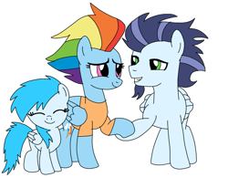 Size: 921x720 | Tagged: safe, artist:dasher666, rainbow dash, soarin', oc, oc:river, pegasus, pony, g4, the last problem, female, filly, foal, male, mare, offspring, older, older rainbow dash, older soarin', older soarindash, parent:rainbow dash, parent:soarin', parents:soarindash, ship:soarindash, shipping, simple background, stallion, straight, white background