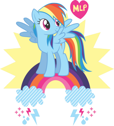 Size: 1858x2048 | Tagged: safe, rainbow dash, pegasus, pony, g4, official, cloud, design, female, heart, lightning, mare, partially transparent background, rain, rainbow, shirt design, simple background, solo, sparkles, spread wings, standing on a rainbow, stock vector, stripes, sun, transparent background, vector, wings, zazzle