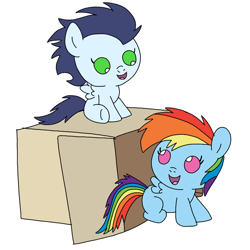Size: 720x720 | Tagged: safe, artist:dasher666, rainbow dash, soarin', pegasus, pony, g4, baby, baby dash, baby pony, baby soarin', box, colt, colt soarin', female, filly, filly rainbow dash, foal, male, simple background, white background, younger